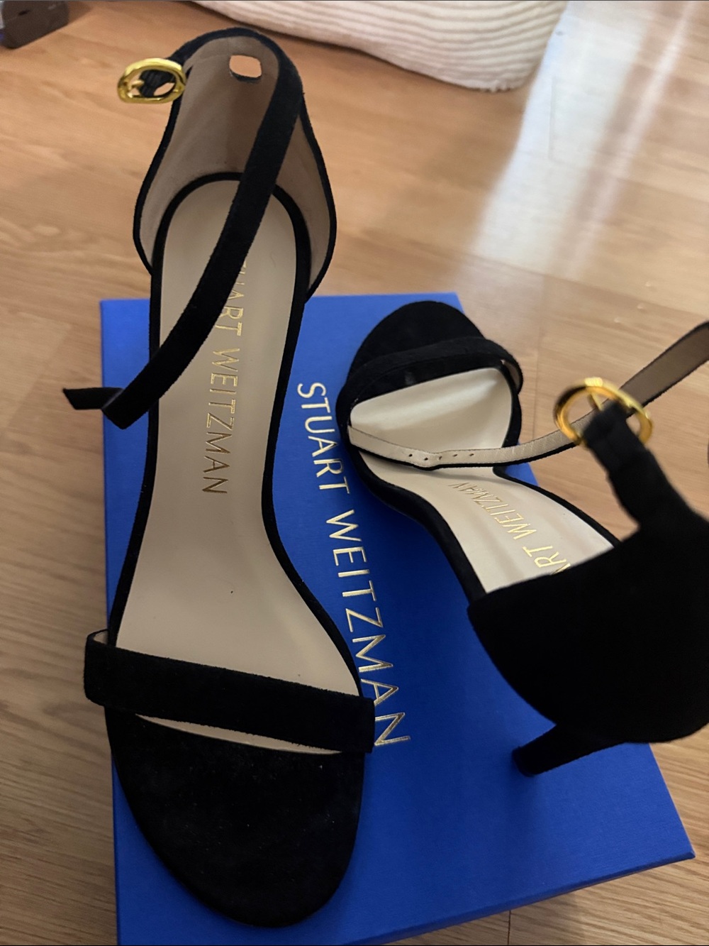 Stuart Weitzman Black Suede Ankle-Strap Heels with Gold Buckle